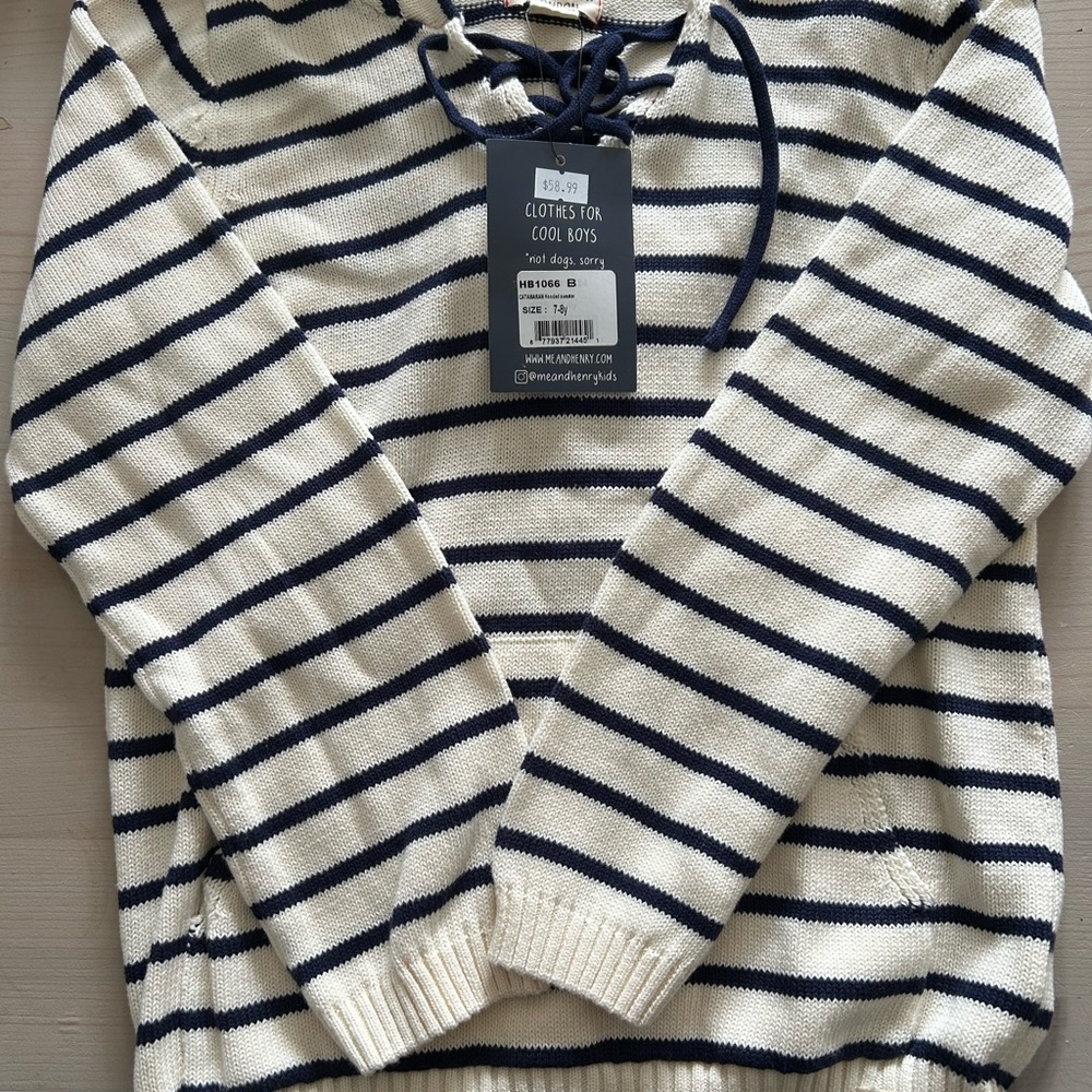 Kids striped hooded Knit Sweater - Navy & Cream